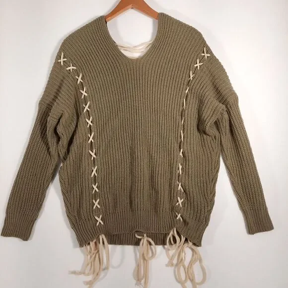 IJOAH Slouchy Knit Sweater Open Back Criss-Cross Lacing Mohair Blend SZ Large - Picture 4 of 13